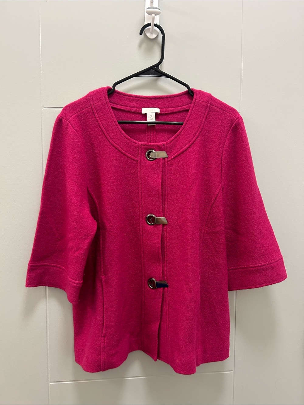 Chico’s 100% Wool Jacket Fuchsia Pink Silver Button Clasp Size 2 Large Cottage